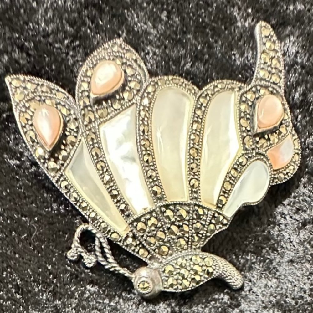 Vintage 925 Thailand Sterling Mother of Pearl & Marcasite Butterfly Brooch